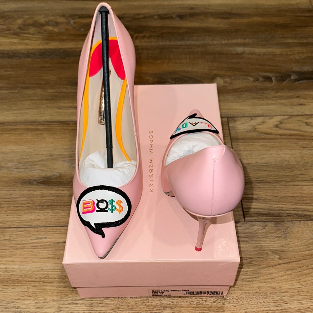 Sophia Webster Pink Embellished “BOSS LADY” Pointed Toe Pumps